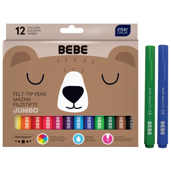 Carioci jumbo Interdruk, 12 culori, profil rotund, capac ventilat