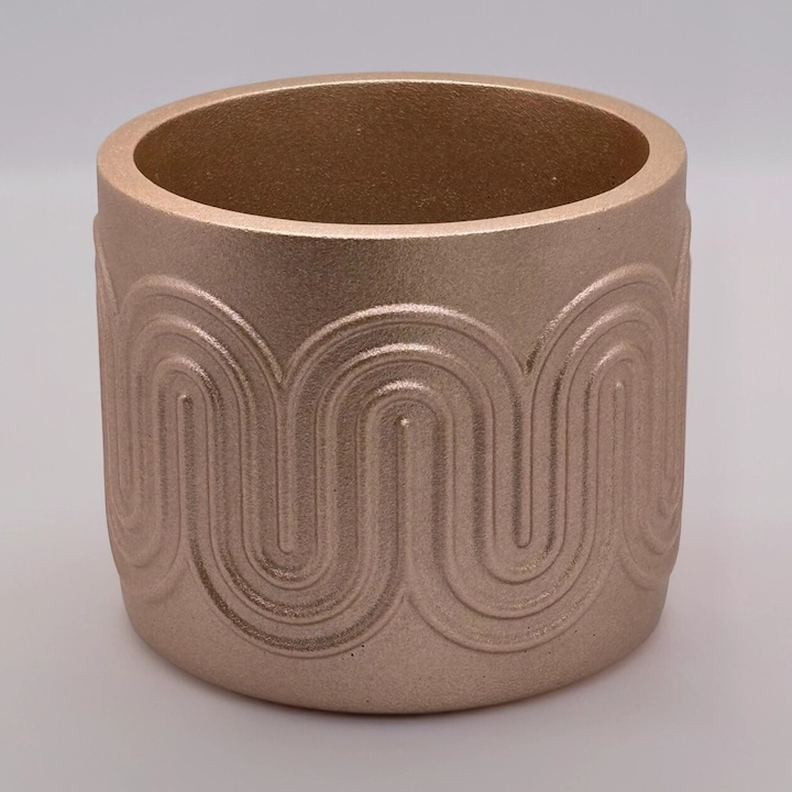 Ghiveci decorativ Ø14 x 12 cm, beton, cupru satinat, Waves Potto, suport pentru plante si flori, cu insertie de plastic