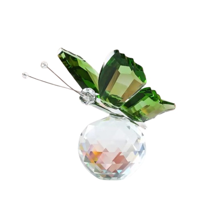 Fluture de cristal, VeliumCraft, 8x6x5 cm, cu propaga lumina cu efect vitraliu, pentru relaxare si meditatie, verde