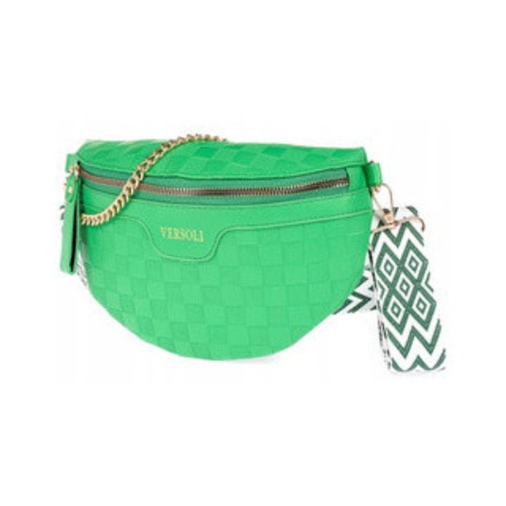 Női táska Versoli, zöld övtáska, ökobőr, mérete 28x8x14cm, állítható pánttal (60-120cm) és arany lánccal (40cm) szettben