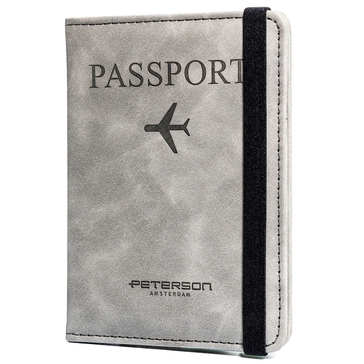 Husa pentru pasaport, Peterson, gri, din piele ecologica, cu 3 compartimente pentru documente