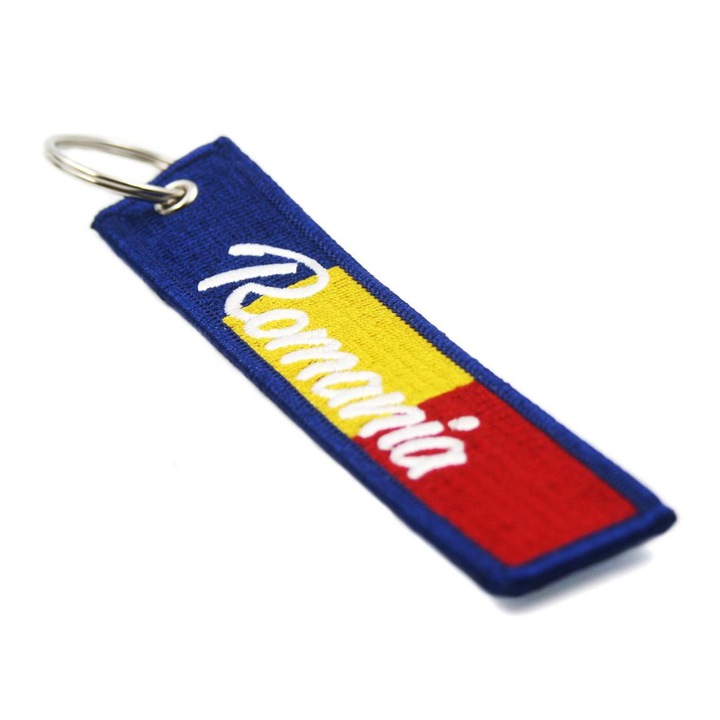 Breloc Romania brodat, tricolor, textil, elegant, 13 x 2, 8 cm