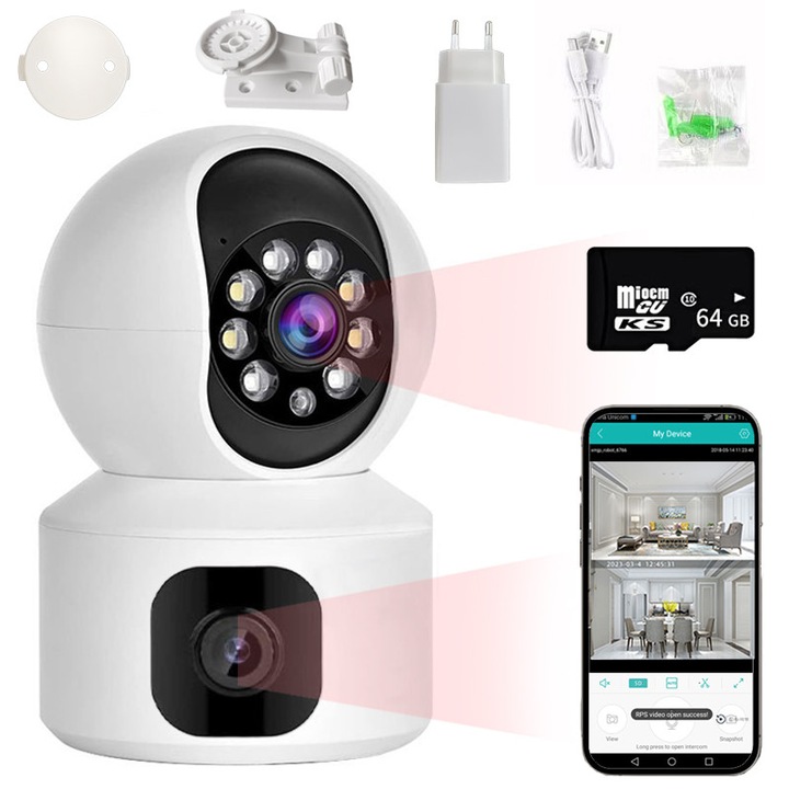 Бебефон за бебета и домашни любимци, 3MP HD, система с две камери, 360° наблюдение, пълноцветно нощно виждане, двупосочна разговорна връзка, контрол чрез приложение, push известия, интелигентно проследяване, многократно споделяне.