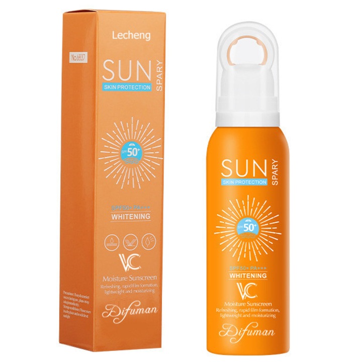 Спрей със слънцезащита, Lecheng®, SPF 50+ PA+++ за лице и тяло, с хиалуронова киселина, некомедогенен, хидратиращ, водоустойчив, 150 мл