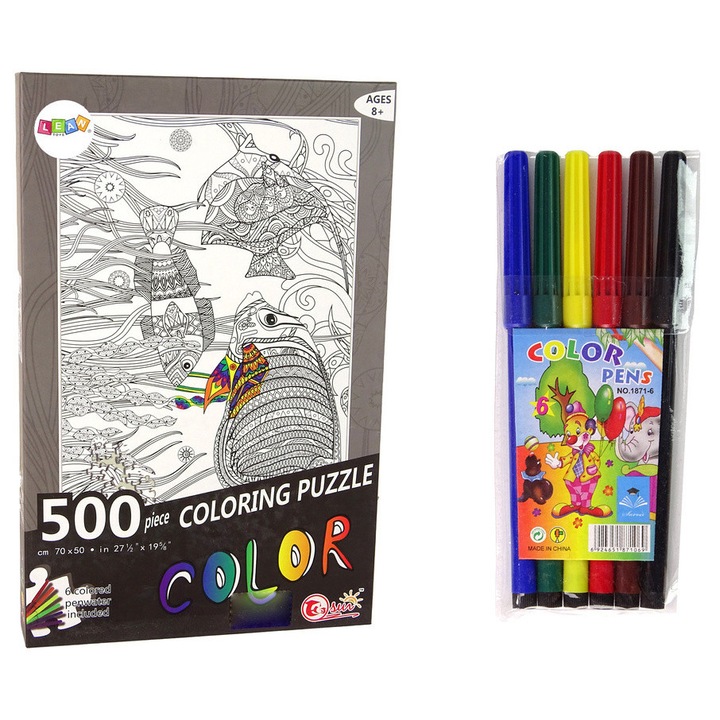 Puzzle colorat 500 elemente, LEAN TOYS, peisaj cu pesti, 70x50cm, set cu 6 markere