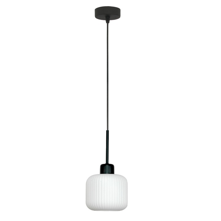 Lampa suspendata EDYLIT, model Beka Bianco, abajur sticla alba, dimensiuni 100x15cm, inaltime reglabila, montaj usor