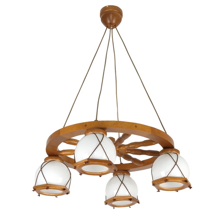 Lustra suspendata Edylit Retro, lemn stejar antic, abajur sticla alba, 70x64cm