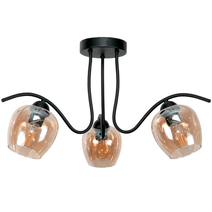 Таванна лампа EDYLIT, модел WISZATOR, кехлибарен стъклен абажур, черен метал, 36x63 см