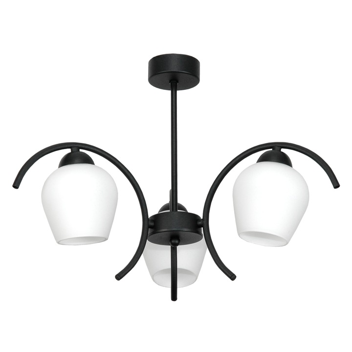 EDYLIT WISZATOR mennyezeti lámpa, fekete, fehér üvegernyő, 36x46cm, 3 db E27-es izzó