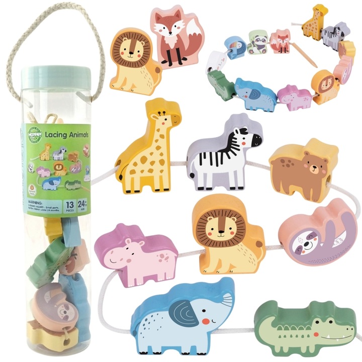 Set joc educativ, 13 piese, animale din lemn, WOOPIE GREEN, culori diverse