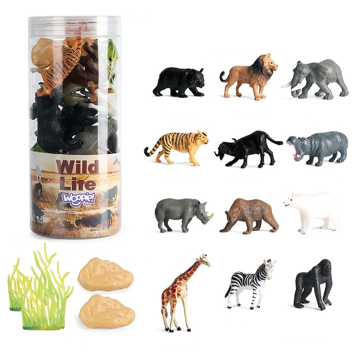 Set Figurine Dzikie Animale, 16 piese, WOOPIE, 12 animale, 2 plante, 2 stanci