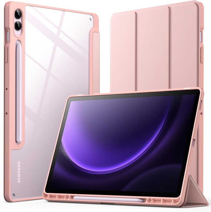 Калъф за Samsung Galaxy Tab S10+/S10Fe+/S9+/S9Fe+, 12.4", Sigloo, интериор от синтетична кожа, държач за смарт писалка, прозрачен поликарбонатен гръб, удароустойчив, розов