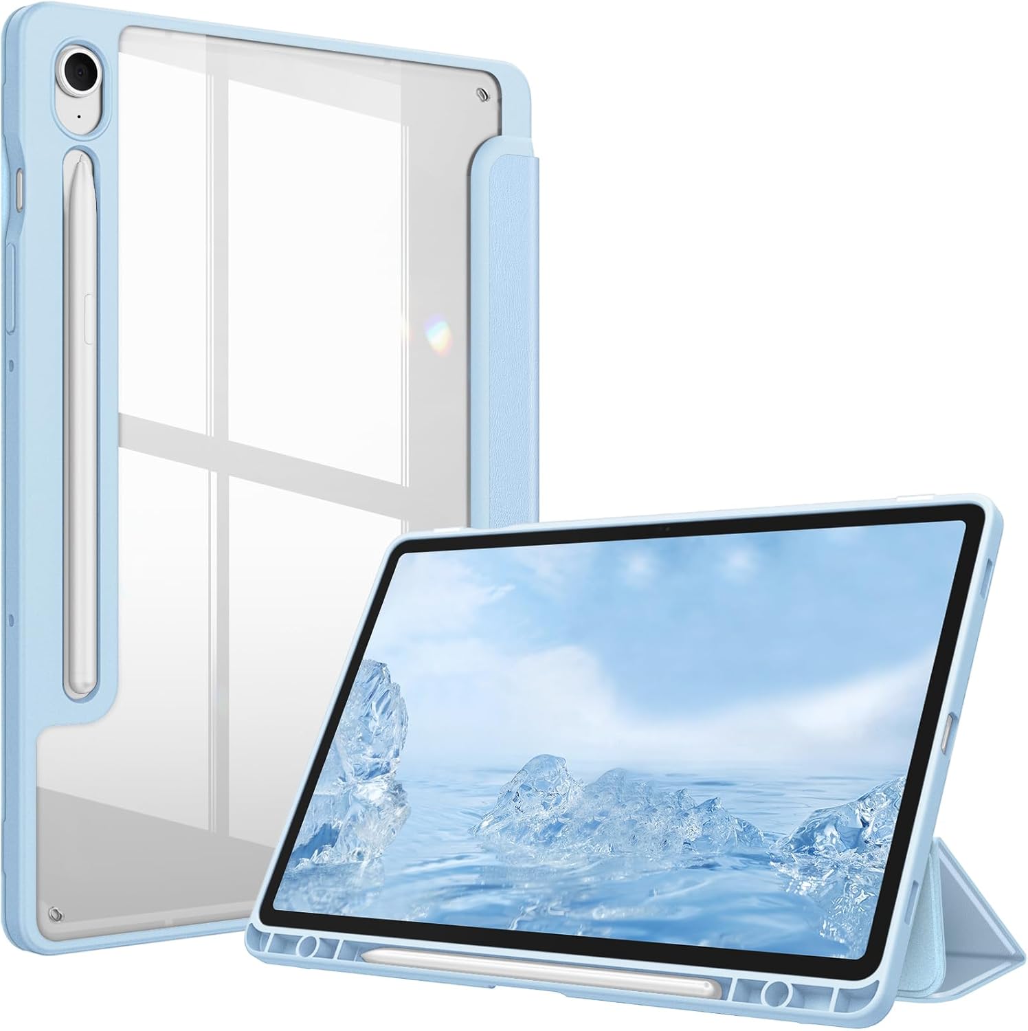 Husa premium pentru Samsung Galaxy Tab S10Lite/S10Fe/S10/S9/S9FE, 11", Sigloo, interior de piele sintetica, suport Smart Pen, spatele din policarbonat transparent, rezistent la socuri, Blue