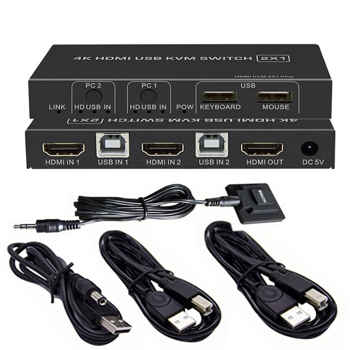 KVM-kapcsoló, Biaze KVM08, 2 portos, 4K 60Hz, HDMI 2.0, hot-swap, méretek 110x60x20mm