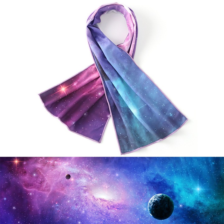 Кърпа за незабавно охлаждане, модел Galaxy, спортна, фитнес, туризъм, с PVC торбичка, карабинер, преносима и бързосъхнеща, микрофибър, 30x100 см