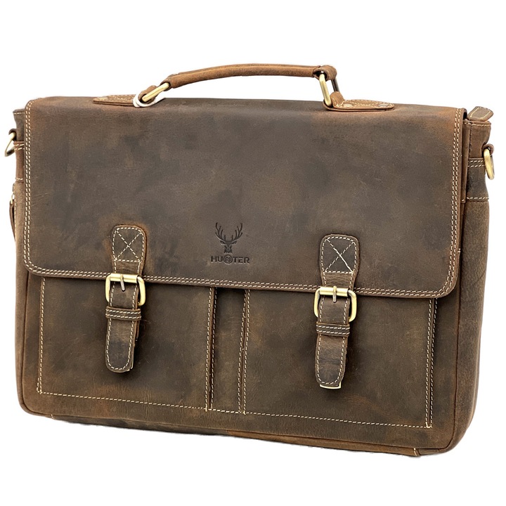 Geanta Barbati din Piele Naturala, Mod Purtare pe Umar, Crossbody, Hunter Imperial, 40x28x8 cm, Culoare Maro