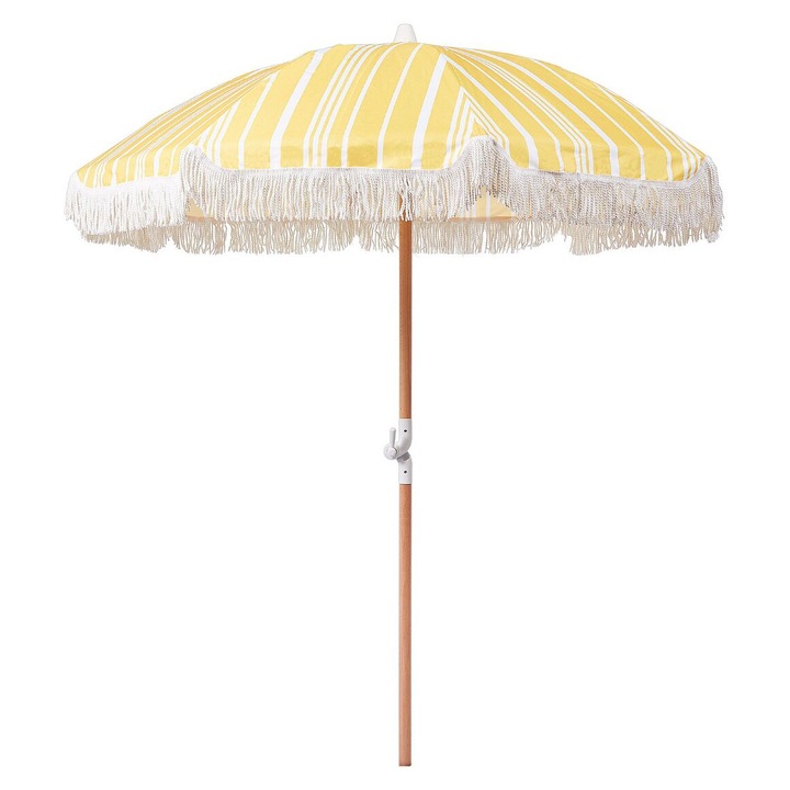 Umbrela de gradina Beliani MONDELLO, galben/alb, 150x150cm, fabricata din poliester reciclabil si lemn de fag