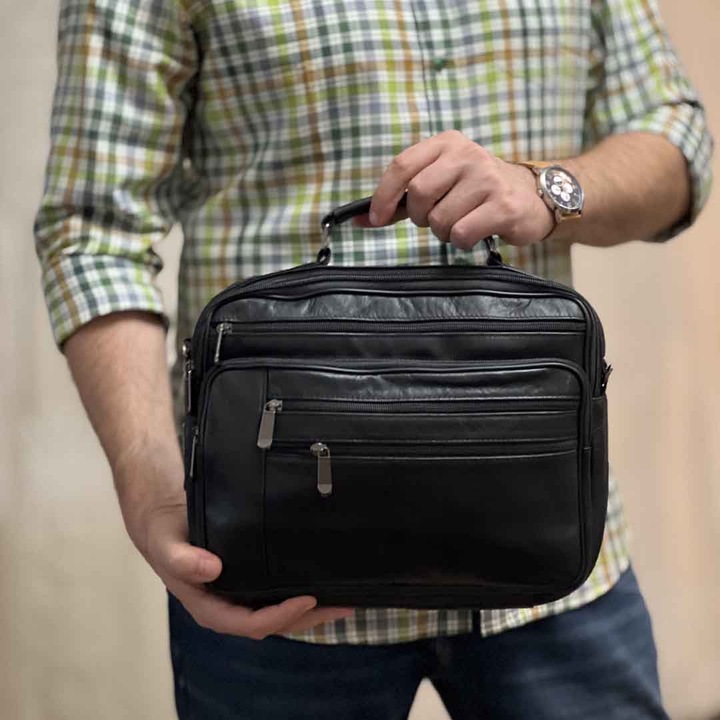 Geanta de Umar tip servieta pentru barbati din Piele Naturala de Bovina, 31 x 24 x 6/8 cm, Culoare Negru