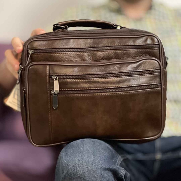 Geanta de Umar tip Servieta Micutz din Piele Naturala de Bovina, Maro, 31x24x6/8cm