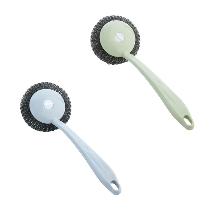 Set 2 perii de curatare, burete detasabil din sarma inoxidabila, maner ergonomic, usoare, multifunctionale, verde + albastru