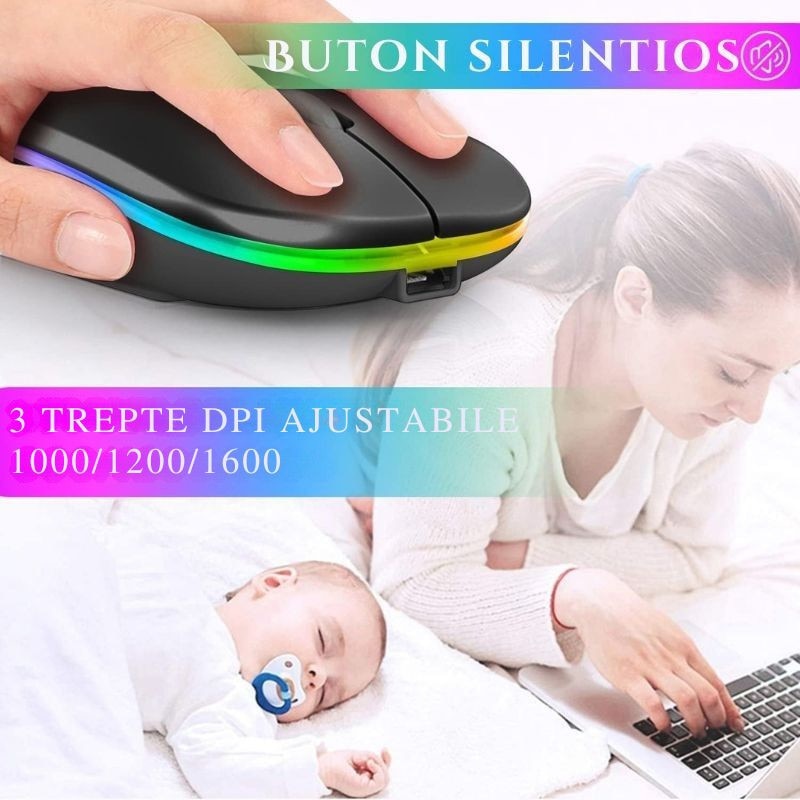Mouse optic wireless cu iluminare LED RGB, negru, USB si Bluetooth, 3 ...