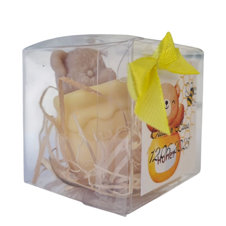 Marturii botez baiat, lumanare ursulet in borcan cu miere, ceara 100% naturala de soia, 6cm