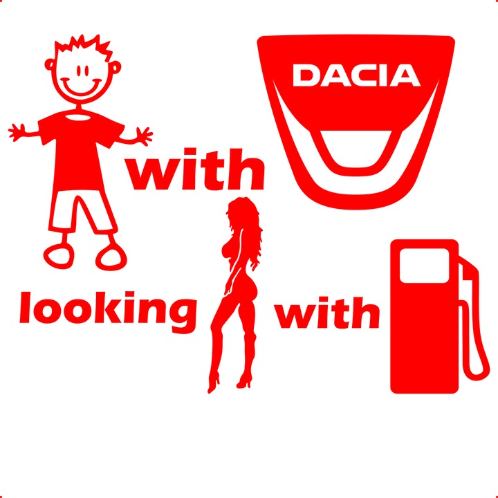 Sticker auto baiat-masina-caut-fata-benzina-dacia, Cri-Flo, Culoare Rosu, Marime 21 cm