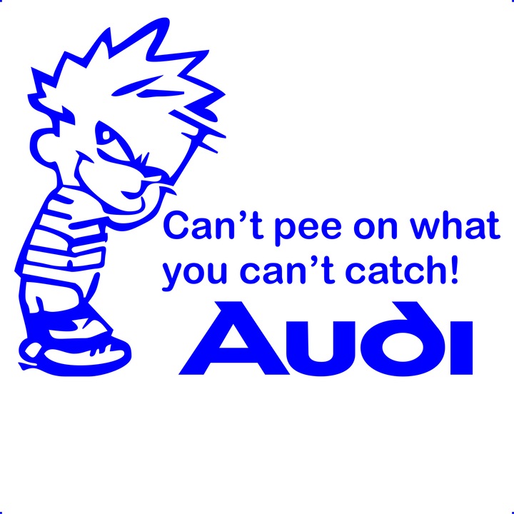 Sticker auto cant-pee-catch-audi, Cri-Flo, Culoare Albastru, Marime 21 cm