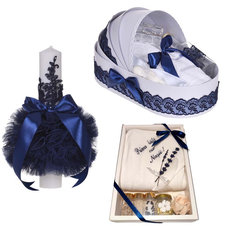 Set trusou botez in landou, lumanare dantela si set pentru prima baita dupa botez pentru baieti, culoare bleumarine, Denikos NK131