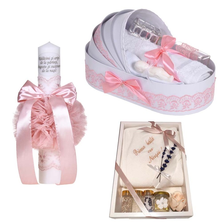Set lumanare botez personalizata cu mesaj, trusou complet in landou pentru botez si set baita cu nasii dupa botez pentru fetita, culoare roz prafuit, Denikos NK142