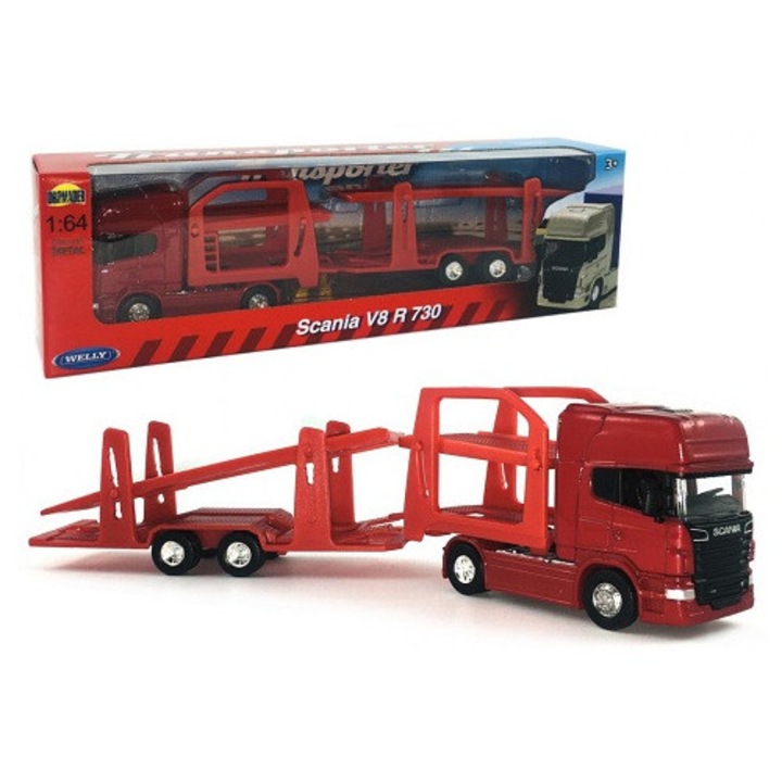 Camion WELLY 1:64 Scania R730 autotransporter, rosu, metal/plastic