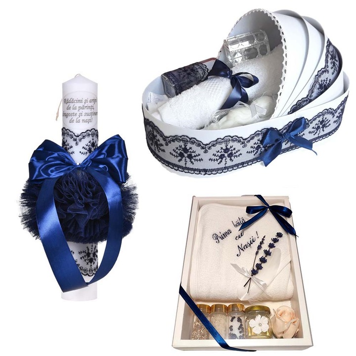 Set trusou botez in landou decorat cu dantela, lumanare personalizata cu mesaj si set pentru prima baita dupa botez pentru baieti, culoare bleumarine, Denikos NK145