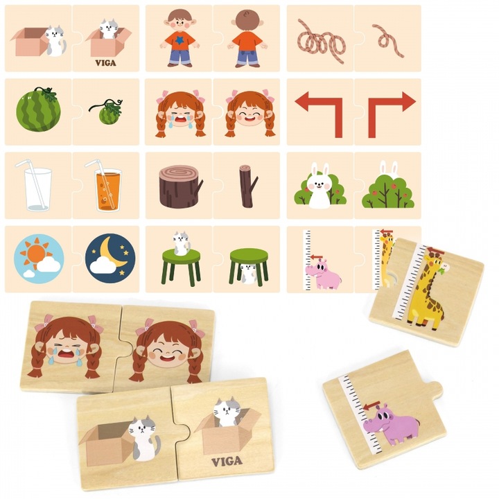 Fából készült kirakós, VIGA, 24 darabos készlet, különböző színek, a motoros készségek fejlesztésére, 18 hónapos kortól