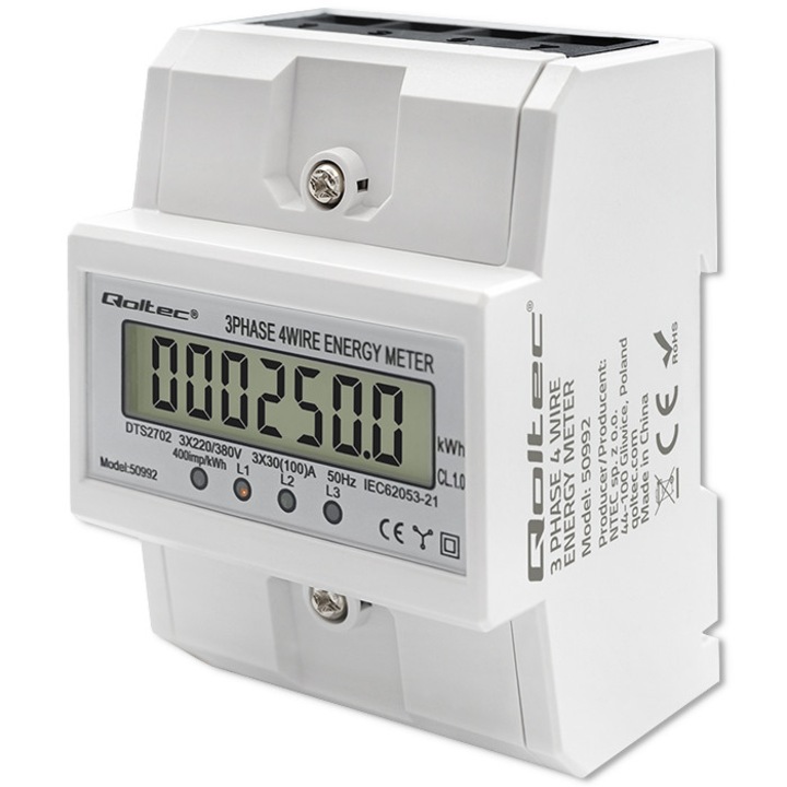 Contor electronic trifazat Qoltec | sina DIN | 400V | 100A | LCD | 4P