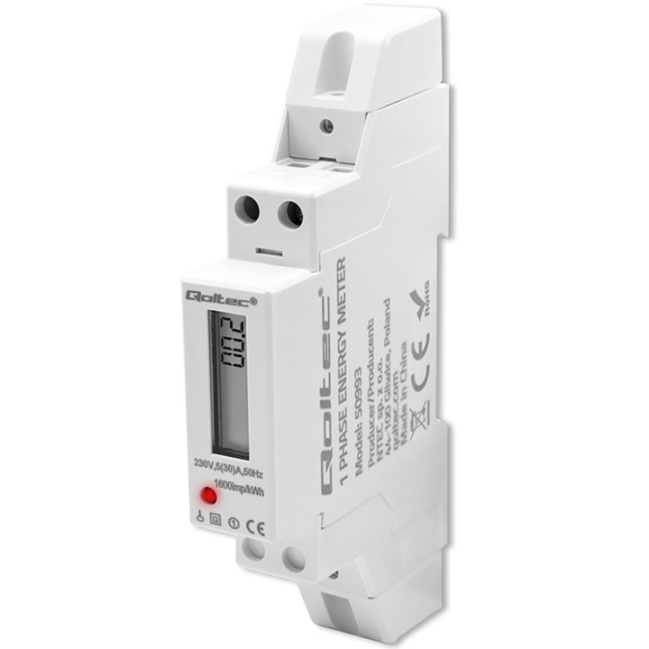 Qoltec еднофазен електронен електромер | DIN шина | 230V | 30A | LCD | 1P