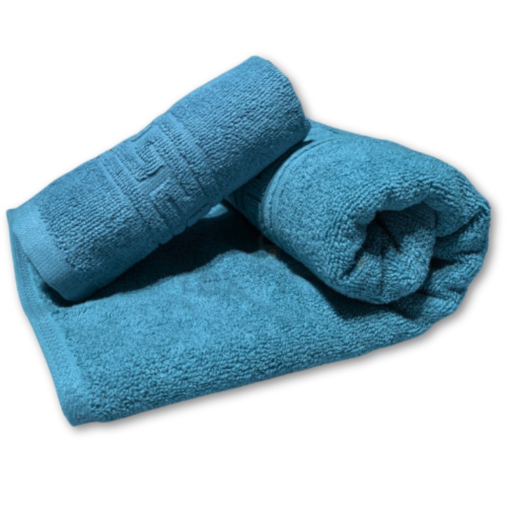 Set 2 prosoape fata, maini si par Textilici, bumbac 100%, 30x50 cm si 50x90 cm, turcoaz, model Greek Border