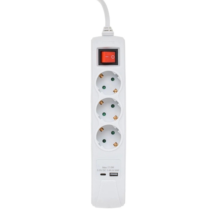 Бял удължителен кабел с 3 USB гнезда и Type-C порт 3680 W