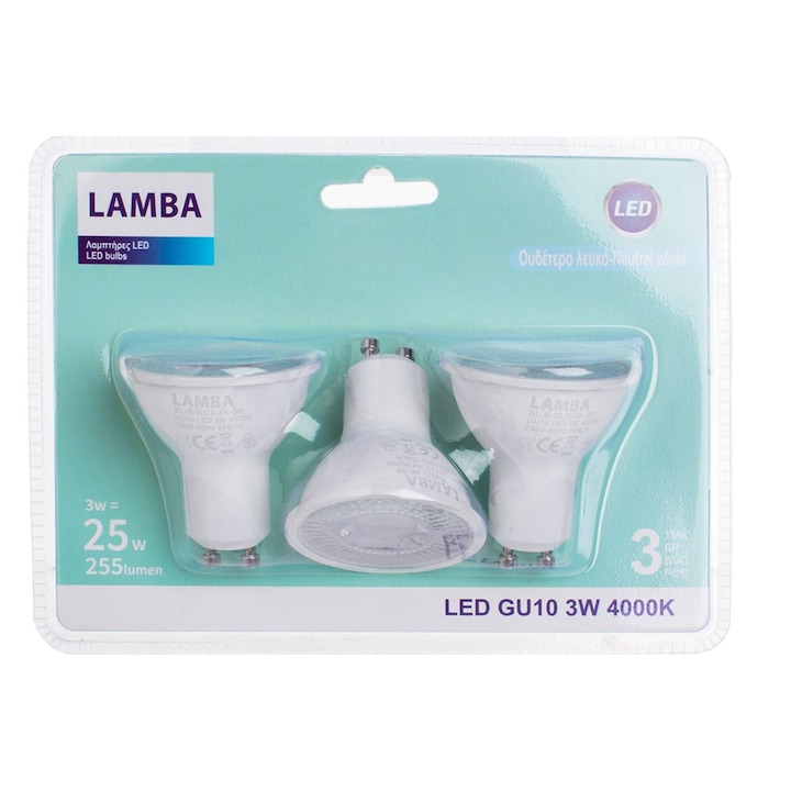 Set becuri led gu10 3w - lumina alba neutra - 3buc