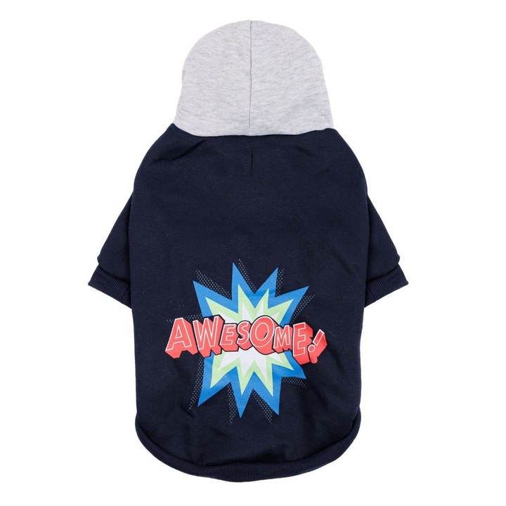 Hanorac albastru cu maneci & gluga gri cu imprimeu "awesome" pentru animale de companie