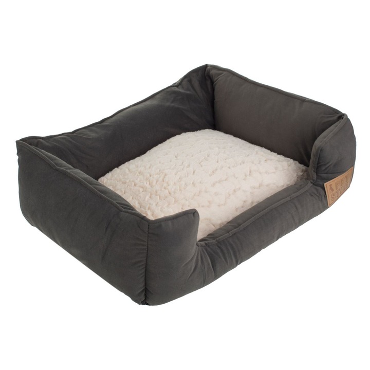 Pat dreptunghiular gri bej cu imitatie de blana & patch maro pentru caini 61x49x18cm