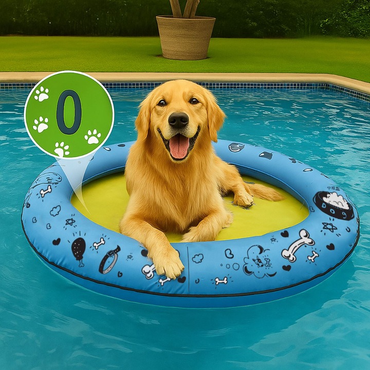 Saltea gonflabilă bleu pentru câini, rotundă, 130x90cm
