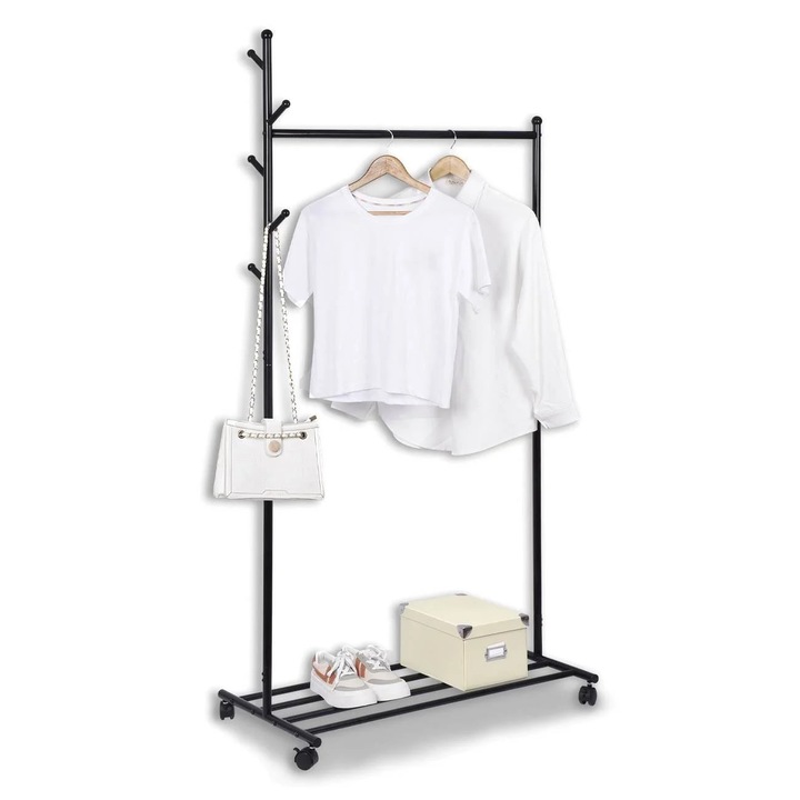 Метална закачалка за дрехи, Релса за закачалки, Метал, Пластмаса, 84x44x170 см, Черен