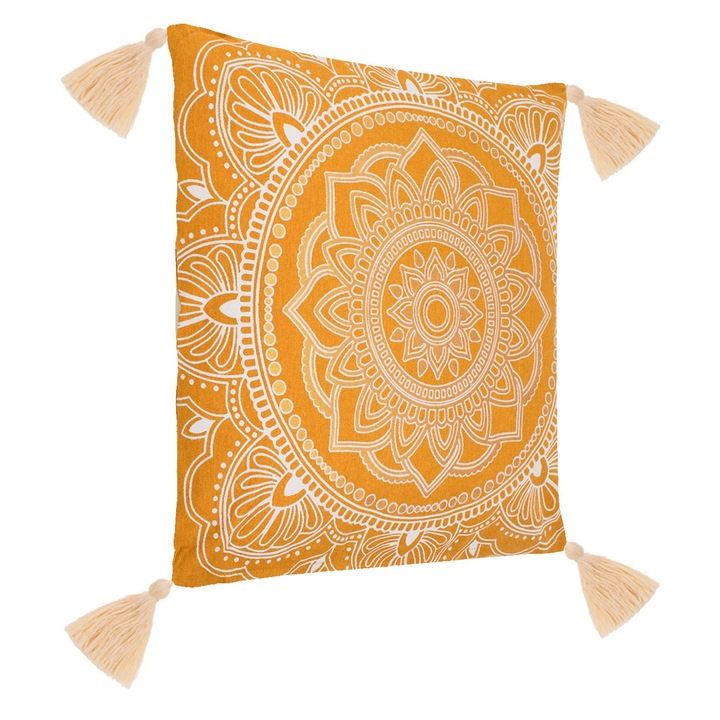 Perna decorativa de vara galben mustar cu model auriu alb mandala 45x45cm