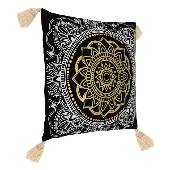 Perna decorativa de vara gri cu model auriu alb mandala 45x45cm