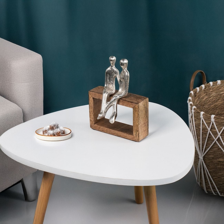 Decoratiune de masa cu banca din lemn & figurina pereche 15.5x11x21cm