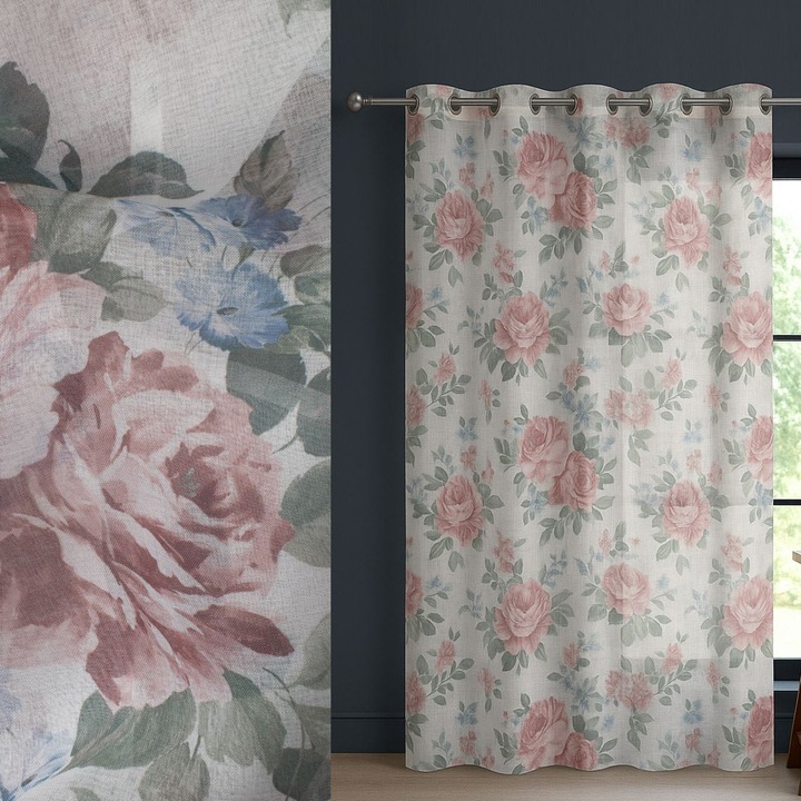 Бяла Декоративна Завеса с Флорален Мотив и Халки 140x260см