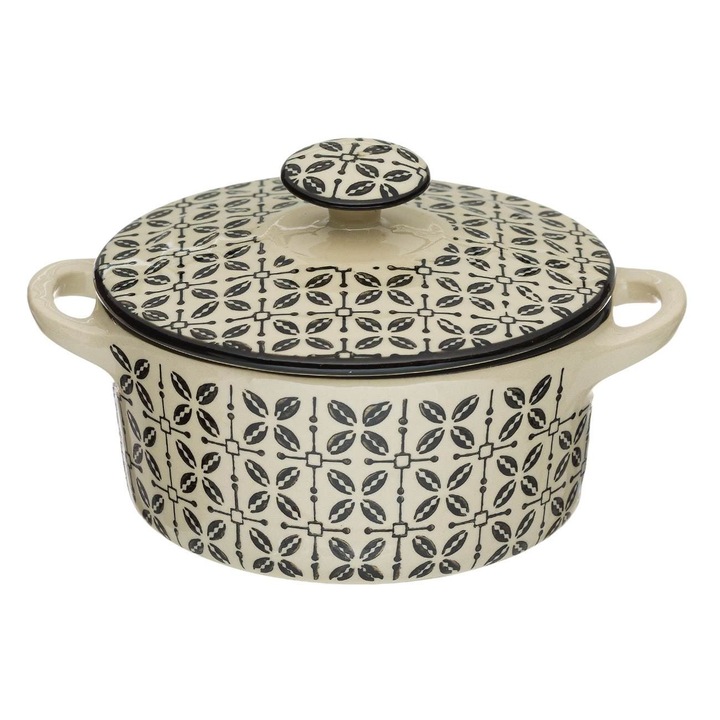 Bézs porcelán lábas fekete mintákkal és fedővel leveshez 700ml