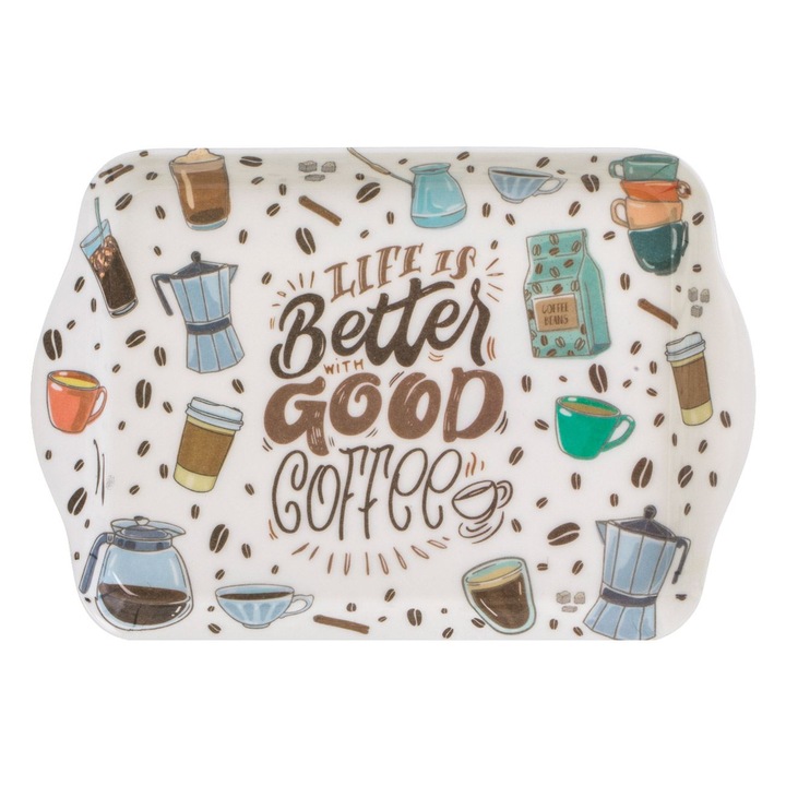 Екрю табла за сервиране с модел на кафеени зърна и надпис "Life is better with good coffee" 21x14.5x1.5см