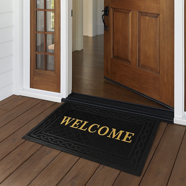 Covoras intrare negru cu model auriu "welcome" 90x60cm