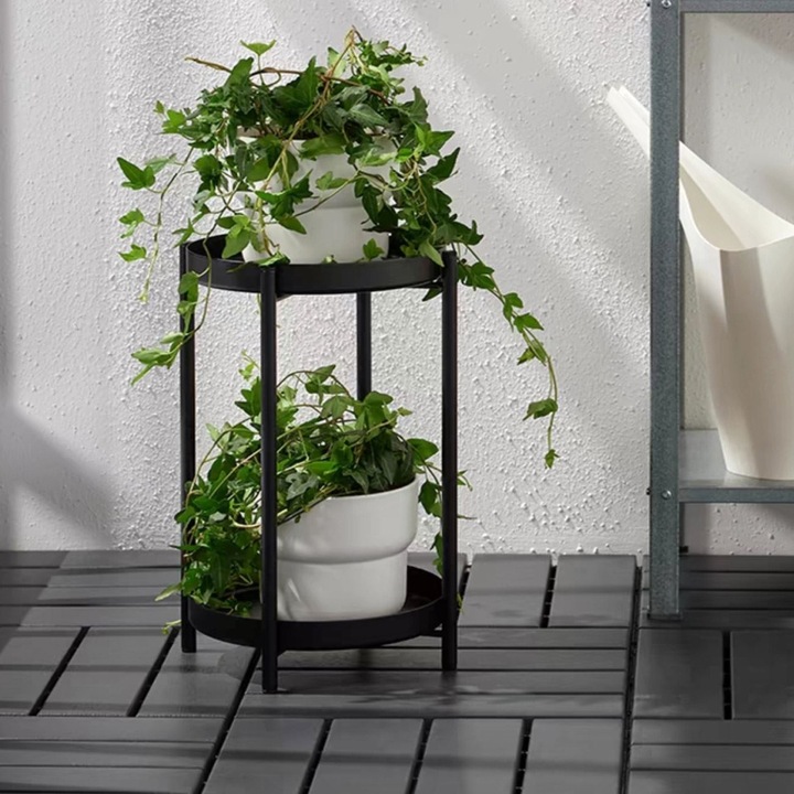 Suport metalic negru mat cu 2 nivele pentru ghivece flori 23x23x35cm